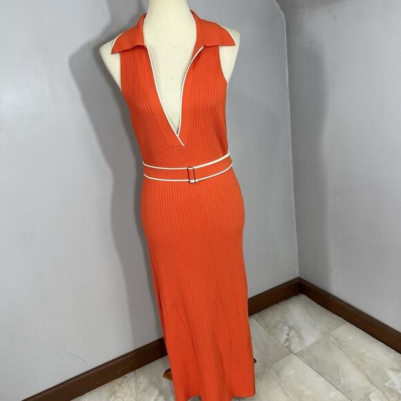 Nicholas Giuliana Ribbed Knit Midi Belted Sweater Dress Large Orange Stretchy - Picture 9 of 16